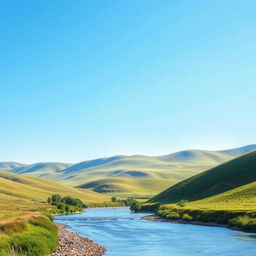 Create an image that evokes a sense of calm and serenity, featuring a picturesque landscape with a clear blue sky, gentle rolling hills, and a peaceful river flowing through