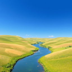 Create an image that evokes a sense of calm and serenity, featuring a picturesque landscape with a clear blue sky, gentle rolling hills, and a peaceful river flowing through