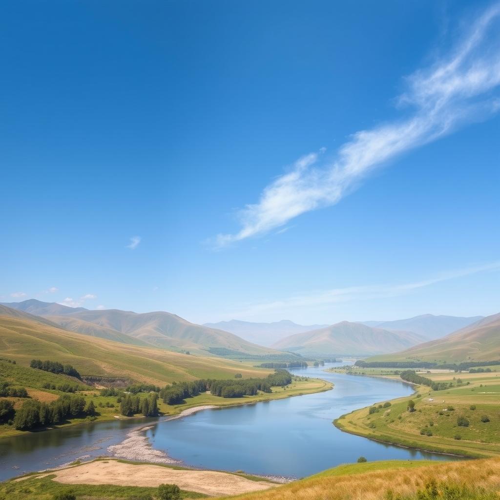 Create an image that evokes a sense of calm and serenity, featuring a picturesque landscape with a clear blue sky, gentle rolling hills, and a peaceful river flowing through