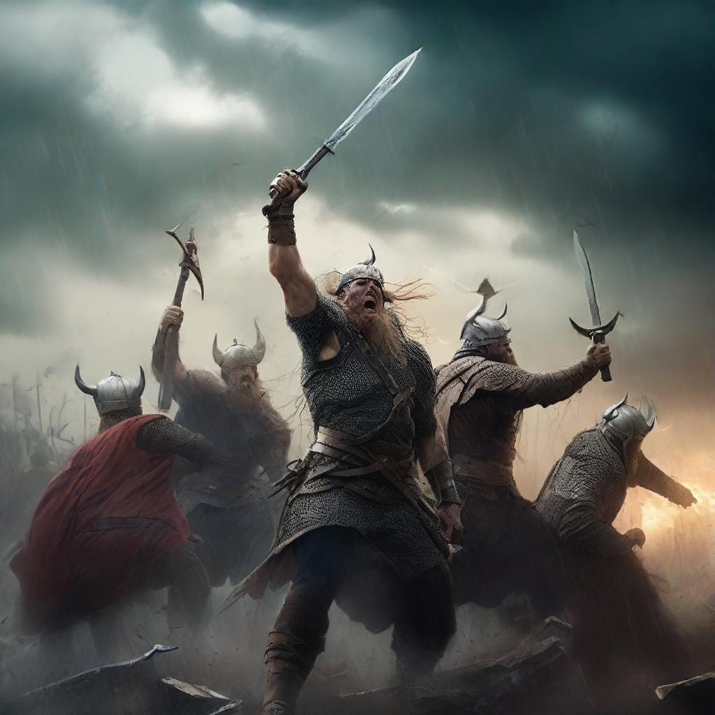 A group of fierce Vikings engaged in a battle against demons amidst a raging storm