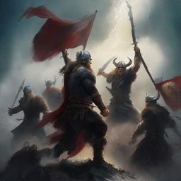 A group of fierce Vikings engaged in a battle against demons amidst a raging storm