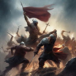 A group of fierce Vikings engaged in a battle against demons amidst a raging storm