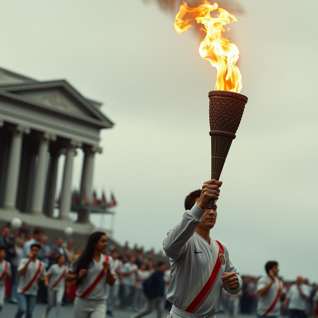 A detailed image of the Olympic torch being carried in a relay, symbolizing the tradition and history of the Olympic Games