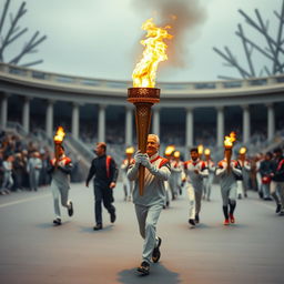 A detailed image of the Olympic torch being carried in a relay, symbolizing the tradition and history of the Olympic Games