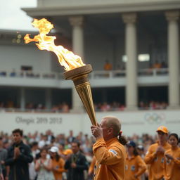 A detailed image of the Olympic torch being carried in a relay, symbolizing the tradition and history of the Olympic Games