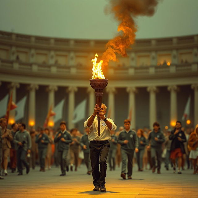 A detailed image of the Olympic torch being carried in a relay, symbolizing the tradition and history of the Olympic Games