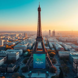 A stunning cityscape of Paris featuring the Eiffel Tower adorned with Olympic banners