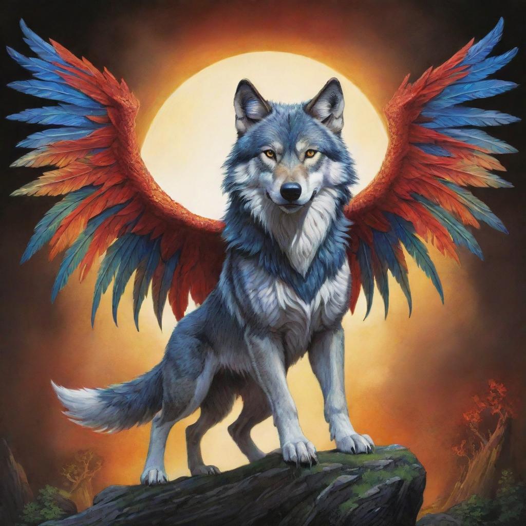 A captivating cartoon image of a heroic wolf, its back adorned with vibrant, sprawling dragon wings, a fantastical creation from a world where wild meets myth.