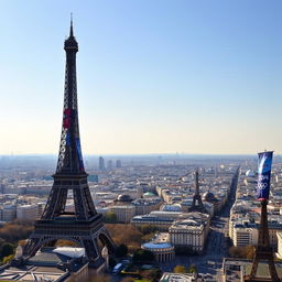 A stunning cityscape of Paris featuring the Eiffel Tower adorned with Olympic banners