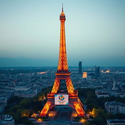 A stunning cityscape of Paris featuring the Eiffel Tower adorned with Olympic banners