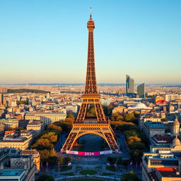 A stunning cityscape of Paris featuring the Eiffel Tower adorned with Olympic banners