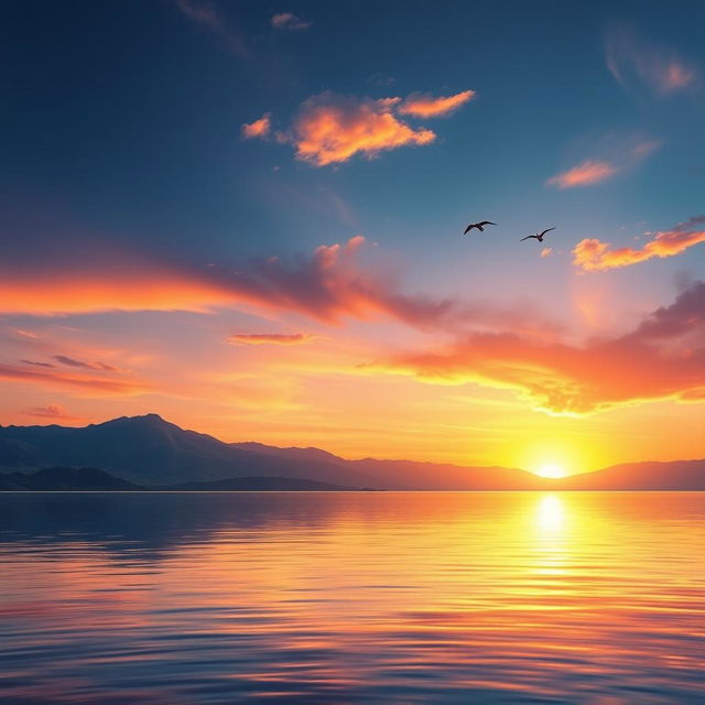 A tranquil scene of a beautiful sunset over a calm lake, with mountains in the background and a few birds flying in the sky