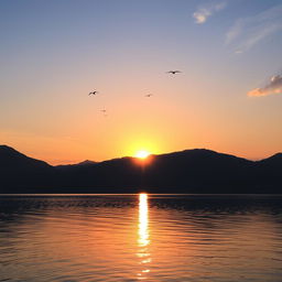 A tranquil scene of a beautiful sunset over a calm lake, with mountains in the background and a few birds flying in the sky