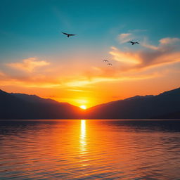 A tranquil scene of a beautiful sunset over a calm lake, with mountains in the background and a few birds flying in the sky