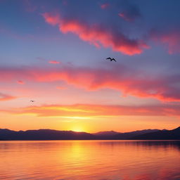 A tranquil scene of a beautiful sunset over a calm lake, with mountains in the background and a few birds flying in the sky