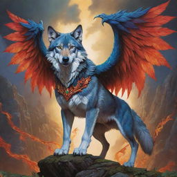 A captivating cartoon image of a heroic wolf, its back adorned with vibrant, sprawling dragon wings, a fantastical creation from a world where wild meets myth.