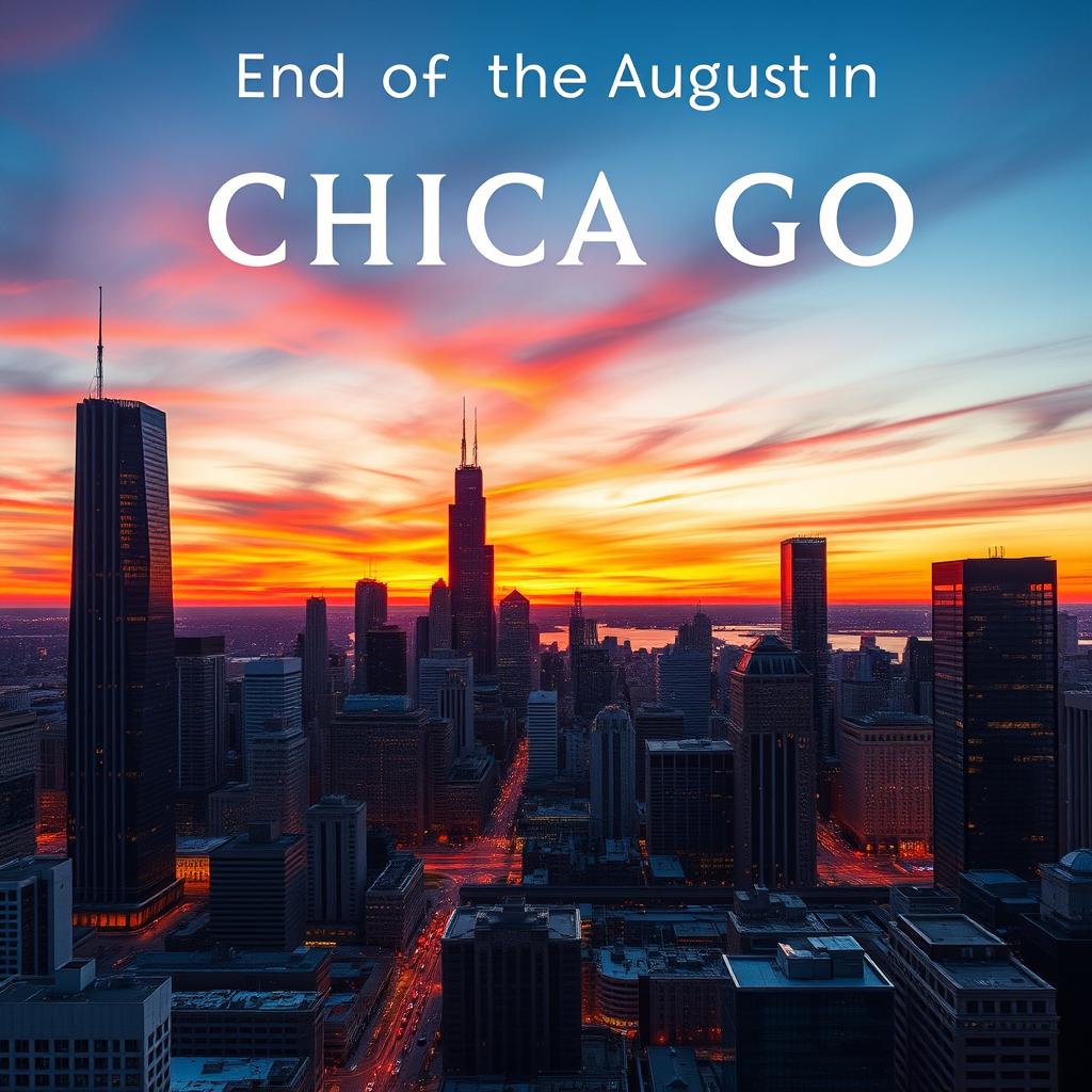 Create a movie poster titled 'End of the August in Chicago' featuring a panoramic view of the Chicago city skyline