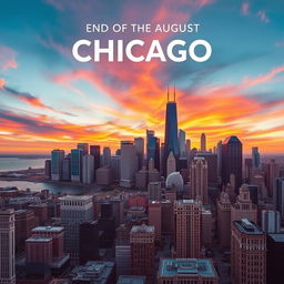 Create a movie poster titled 'End of the August in Chicago' featuring a panoramic view of the Chicago city skyline