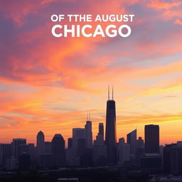 Create a movie poster titled 'End of the August in Chicago' featuring a panoramic view of the Chicago city skyline