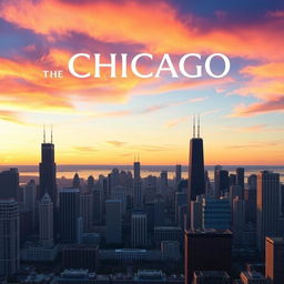 Create a movie poster titled 'End of the August in Chicago' featuring a panoramic view of the Chicago city skyline