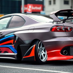 A sporty Japanese Domestic Market (JDM) car with sleek lines, vibrant colors, and a dynamic stance, set against an urban backdrop