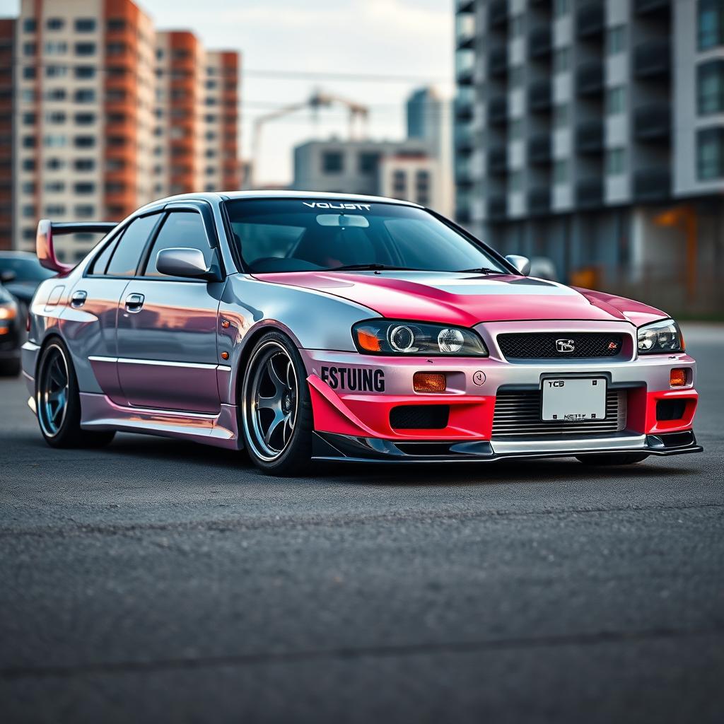 A sporty Japanese Domestic Market (JDM) car with sleek lines, vibrant colors, and a dynamic stance, set against an urban backdrop