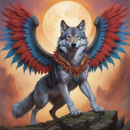 A captivating cartoon image of a heroic wolf, its back adorned with vibrant, sprawling dragon wings, a fantastical creation from a world where wild meets myth.