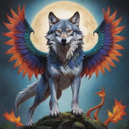 A captivating cartoon image of a heroic wolf, its back adorned with vibrant, sprawling dragon wings, a fantastical creation from a world where wild meets myth.