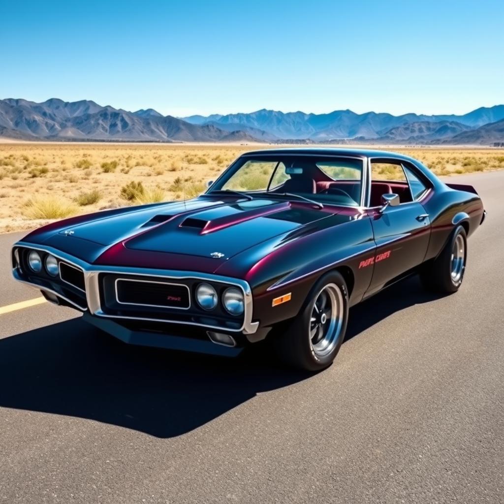 A high-resolution image of a classic muscle car with sleek lines, vibrant paint, and chrome detailing