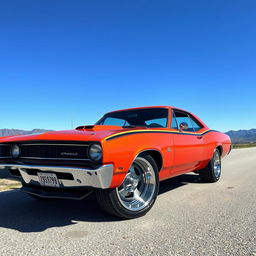 A high-resolution image of a classic muscle car with sleek lines, vibrant paint, and chrome detailing