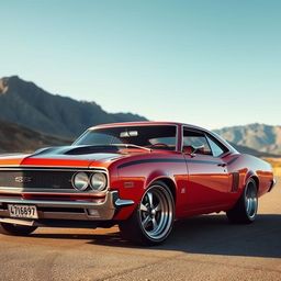 A high-resolution image of a classic muscle car with sleek lines, vibrant paint, and chrome detailing