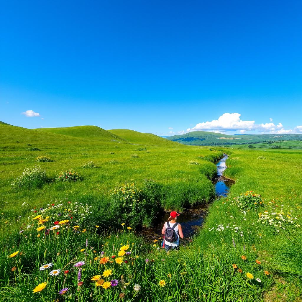 A serene landscape featuring a lush green meadow with colorful wildflowers, a clear blue sky, and a gentle stream flowing through the scene