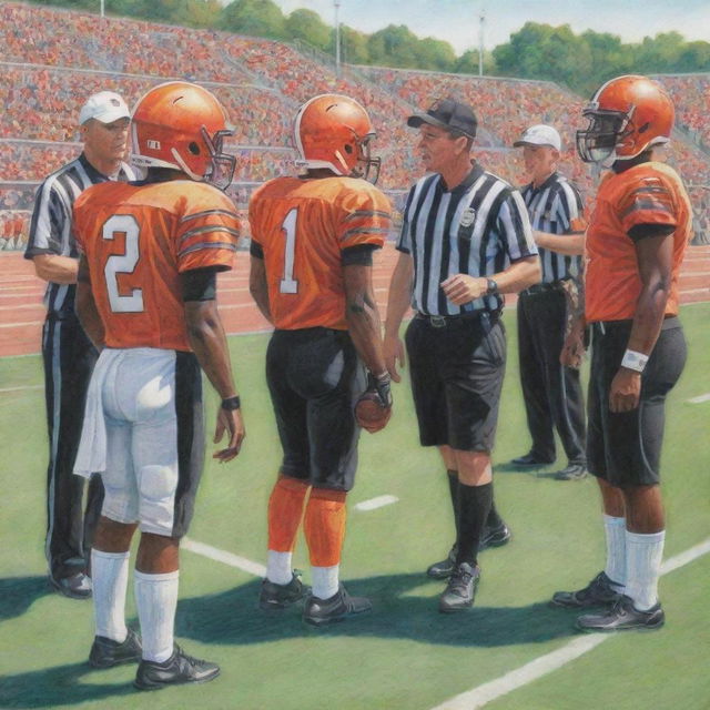 The same scene of football players peacefully interacting with referees on a sunny football field, but now rendered as a beautiful, vibrant colored pencil drawing.