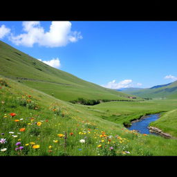 A serene landscape featuring a lush green meadow with colorful wildflowers, a clear blue sky, and a gentle stream flowing through the scene