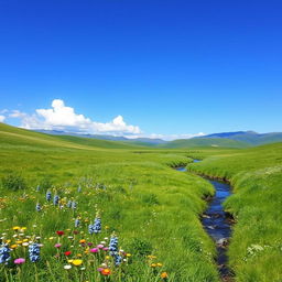 A serene landscape featuring a lush green meadow with colorful wildflowers, a clear blue sky, and a gentle stream flowing through the scene