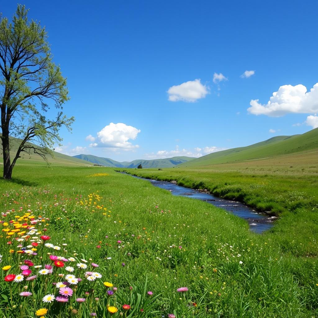 A serene landscape featuring a lush green meadow with colorful wildflowers, a clear blue sky, and a gentle stream flowing through the scene