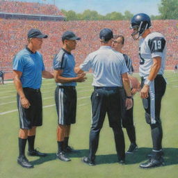 The same scene of football players peacefully interacting with referees on a sunny football field, but now rendered as a beautiful, vibrant colored pencil drawing.