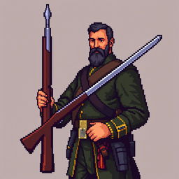 A pixel art depiction of Don José de San Martin holding a pixelated rifle