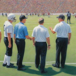 The same scene of football players peacefully interacting with referees on a sunny football field, but now rendered as a beautiful, vibrant colored pencil drawing.