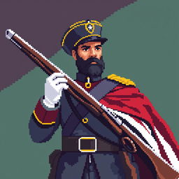 A pixel art depiction of Don José de San Martin holding a pixelated rifle