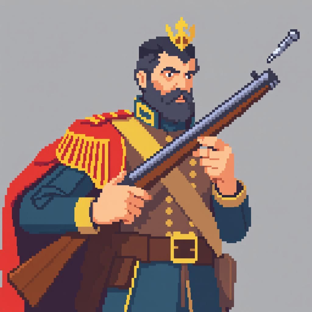 A pixel art depiction of Don José de San Martin holding a pixelated rifle