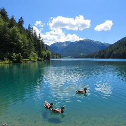 A serene landscape featuring a clear blue lake surrounded by lush green trees and mountains in the background