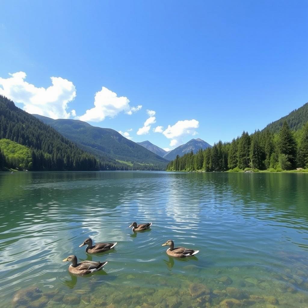 A serene landscape featuring a clear blue lake surrounded by lush green trees and mountains in the background