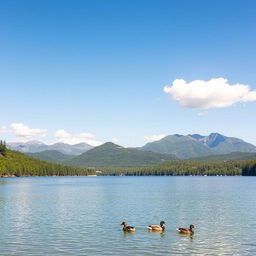 A serene landscape featuring a clear blue lake surrounded by lush green trees and mountains in the background