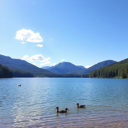 A serene landscape featuring a clear blue lake surrounded by lush green trees and mountains in the background