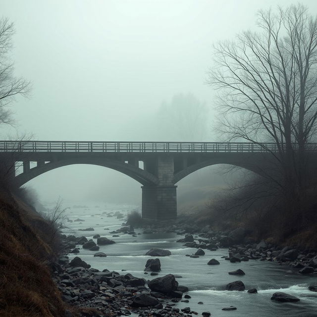 A railway bridge over a rocky river with fog and leafless trees