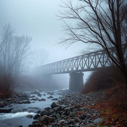 A railway bridge over a rocky river with fog and leafless trees