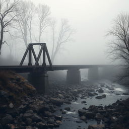 A railway bridge over a rocky river with fog and leafless trees