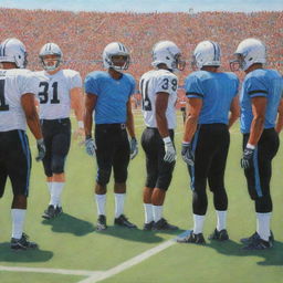 The same scene of football players peacefully interacting with referees on a sunny football field, but now rendered as a beautiful, vibrant colored pencil drawing.