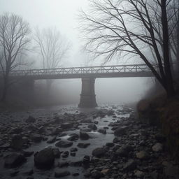 A railway bridge over a rocky river with fog and leafless trees